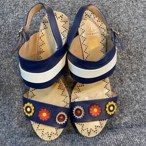 Tory Burch Navy Blue White Womens 8 Flower Calf Marguerite Nautical Sandal Shoes